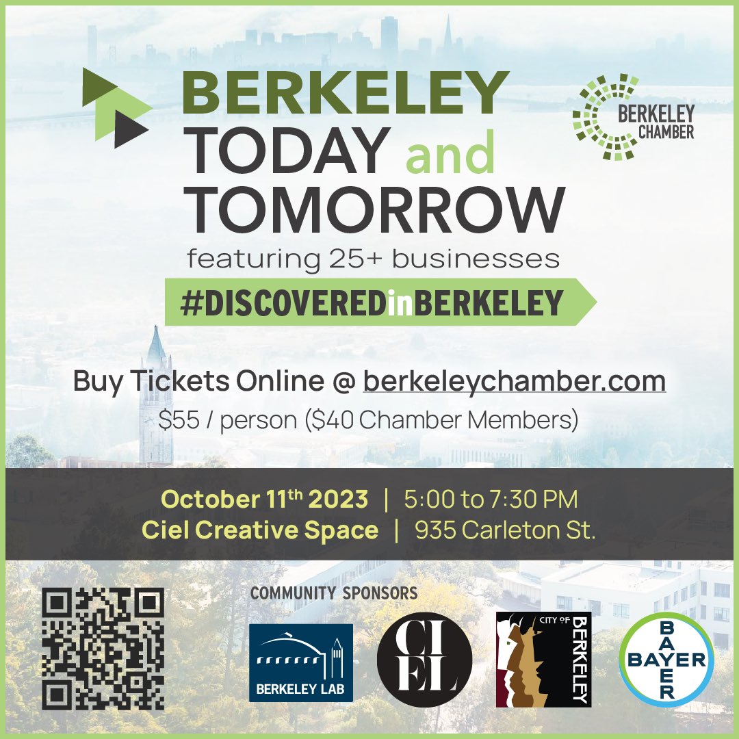 BerkStartups's tweet photo. Join citywide business &amp; community leaders at @BerkeleyChamber’s Berkeley Today and Tomorrow event featuring innovative, creative businesses #DiscoveredinBerkeley! Oct. 11, 5-7:30pm @CielCreativeSpace. Sponsors include @CityofBerkeley @Bayer @BerkeleyLab.
https://t.co/sERlgwusKR https://t.co/5g8G86S0Og