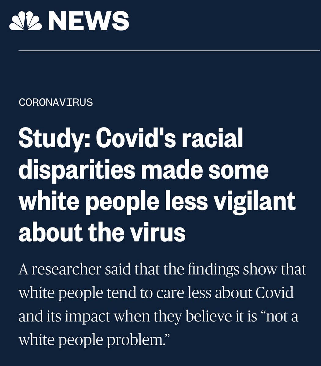 luckytran's tweet photo. Why do many surveys show that white people are far less likely to take COVID precautions like masking than people of color?

A study shows that white people care less about COVID and its impact when they believe it is “not a white people problem.”

https://t.co/3v1NFGFSNJ https://t.co/xi9BqA5RZG