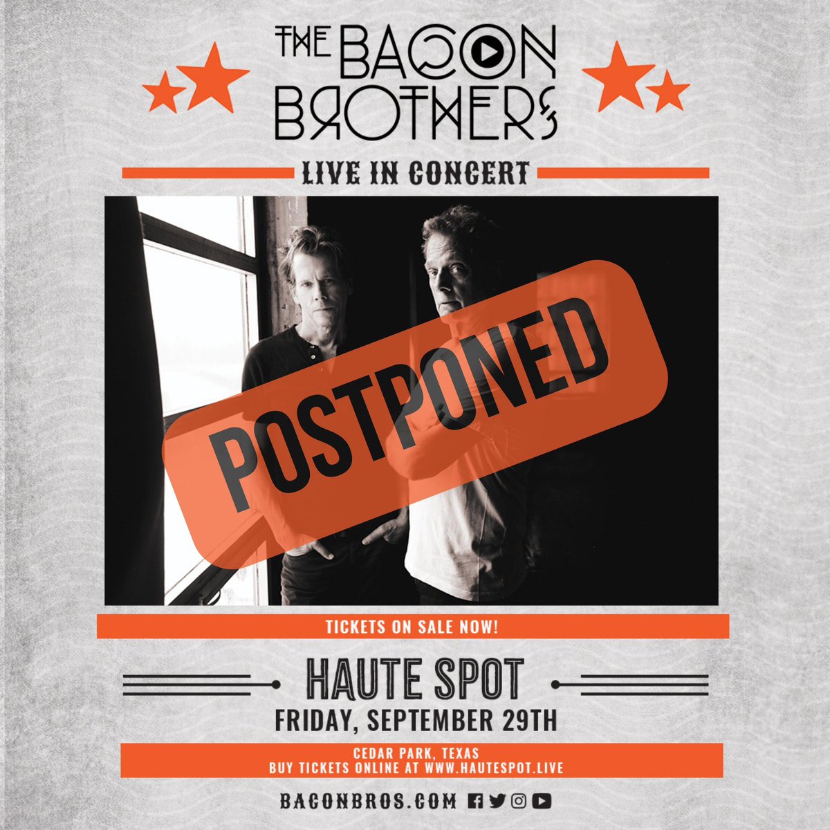 We regret to announce the postponement of The Bacon Brothers concert scheduled for tomorrow (9/29) at Haute Spot. 

"Due to a confirmed case of COVID-19 within our band and crew, we are compelled to reschedule this event.  Stay tuned for further updates."