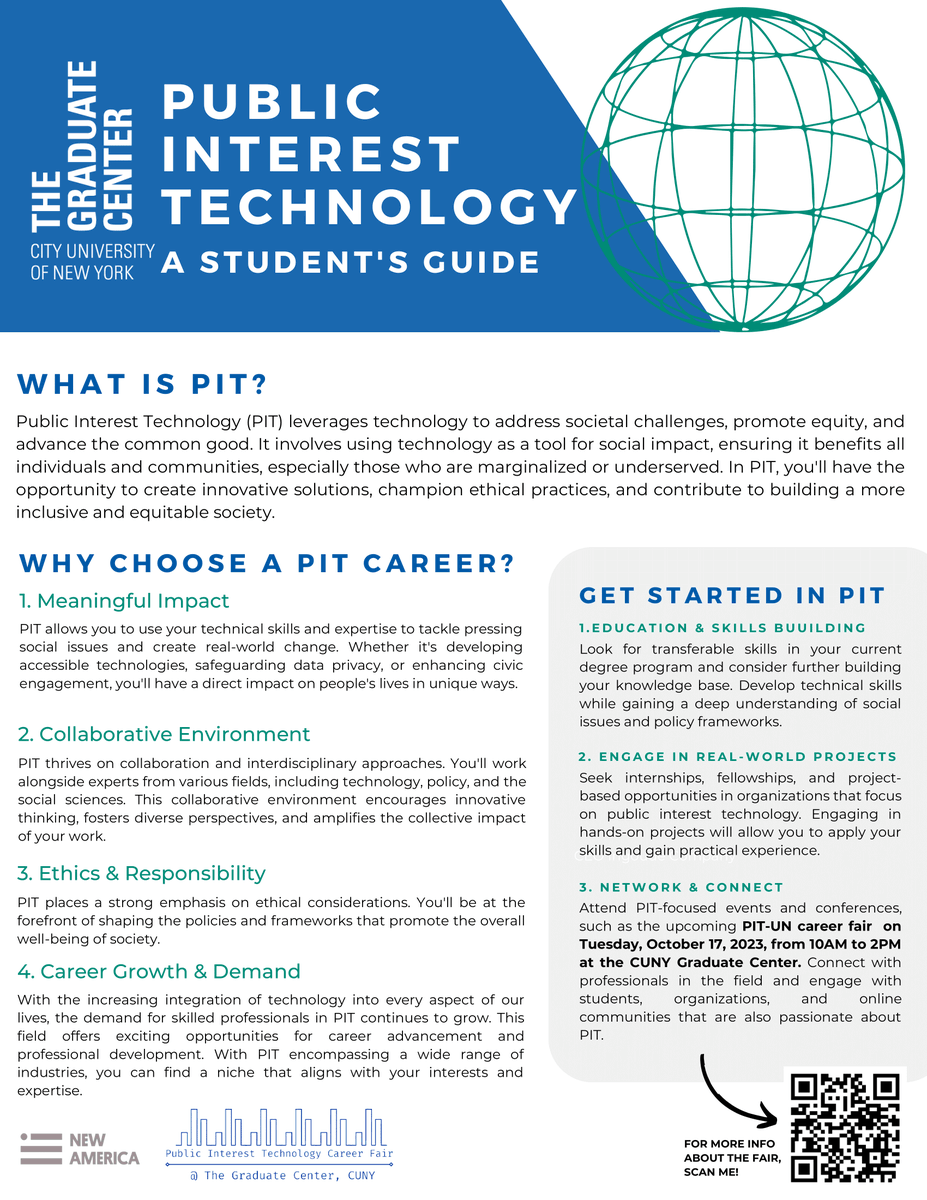 Curious about Public Interest Technology and how a PIT career could work for you? Read about it here & join us at our PIT Career Fair, Oct. 17, 10-2. Food will be provided! careerplan.commons.gc.cuny.edu/events/pit_car…