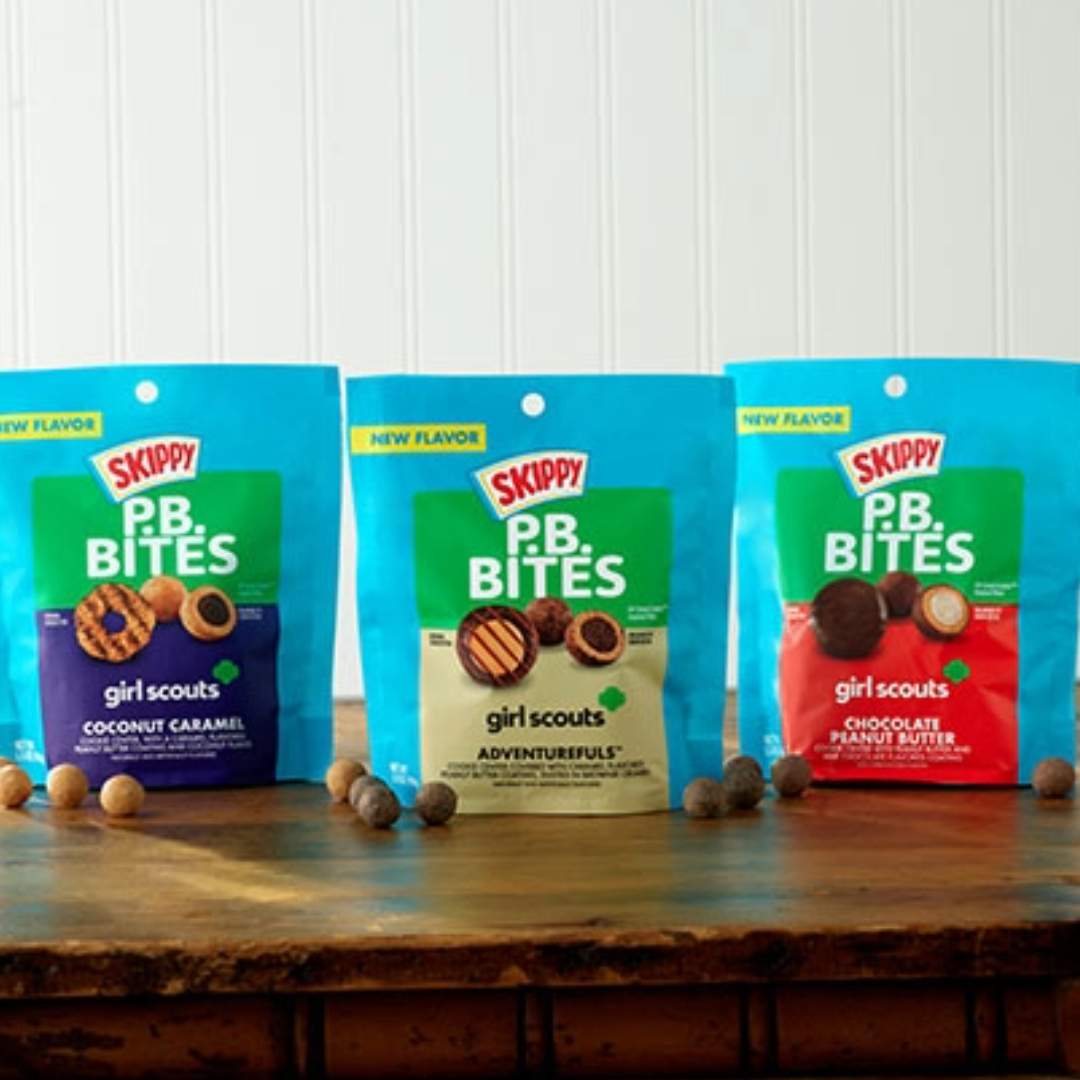 Introducing three new variations of SKIPPY® P.B. Bites, all featuring Girl Scout Cookie™ inspired flavors. The new bite-size snacks come in three different flavors: Coconut Caramel, Chocolate Peanut Butter and Adventurefuls™. Learn more on peanutbutter.com
