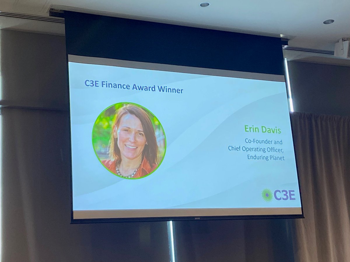 C3E_Energy's tweet photo. C3E Ambassador @dfrodl presented the C3E Finance Award to Erin Davis of @enduring_planet. “Erin's peers describe her as one of the most talented professionals they have had the privilege to work alongside.” Congrats Erin! #C3Ewomen https://t.co/Q5Bhi3cPsB