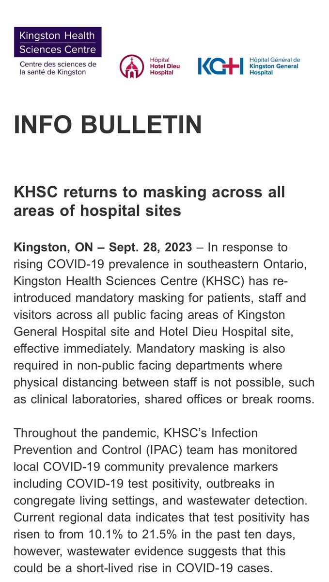 NewsYgk's tweet photo. NEW: Kingston Health Sciences Centre (KHSC) returns to mandatory masking in all public facing areas for all staff, patients and visitors. Non-public facing areas will also be required to wear masks effective immediately. https://t.co/2oTKHIgtZv