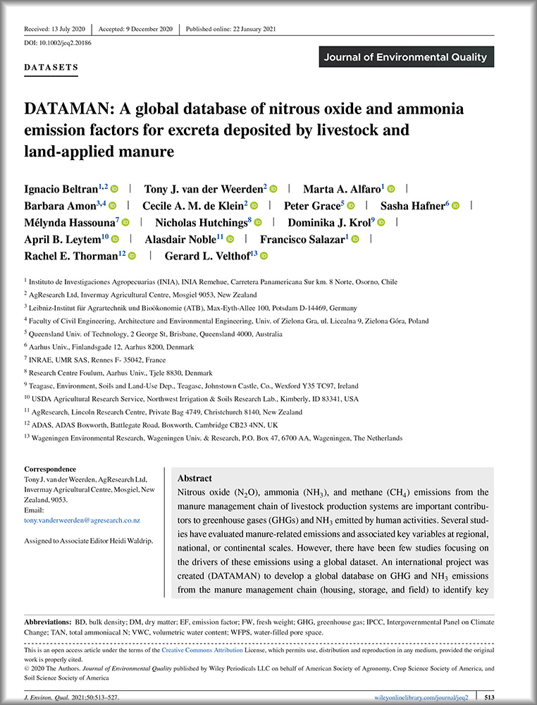 JEnvironQual's tweet image. Congratulations to Tony van der Weerden &amp;amp; colleagues for the JEQ 2023 Outstanding Paper! DATAMAN: A global database of nitrous oxide and ammonia emission factors for excreta deposited by livestock and land-applied manure doi.org/10.1002/jeq2.2…
#OpenAccess #dataman #GHG