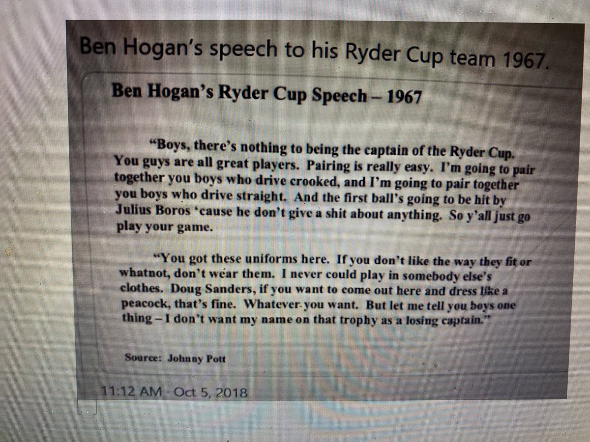 golfdinosaurrr's tweet photo. Class Captain Hogan speech to ‘67 Ryder Cup team #RyderCup https://t.co/Cnt80V5hJs