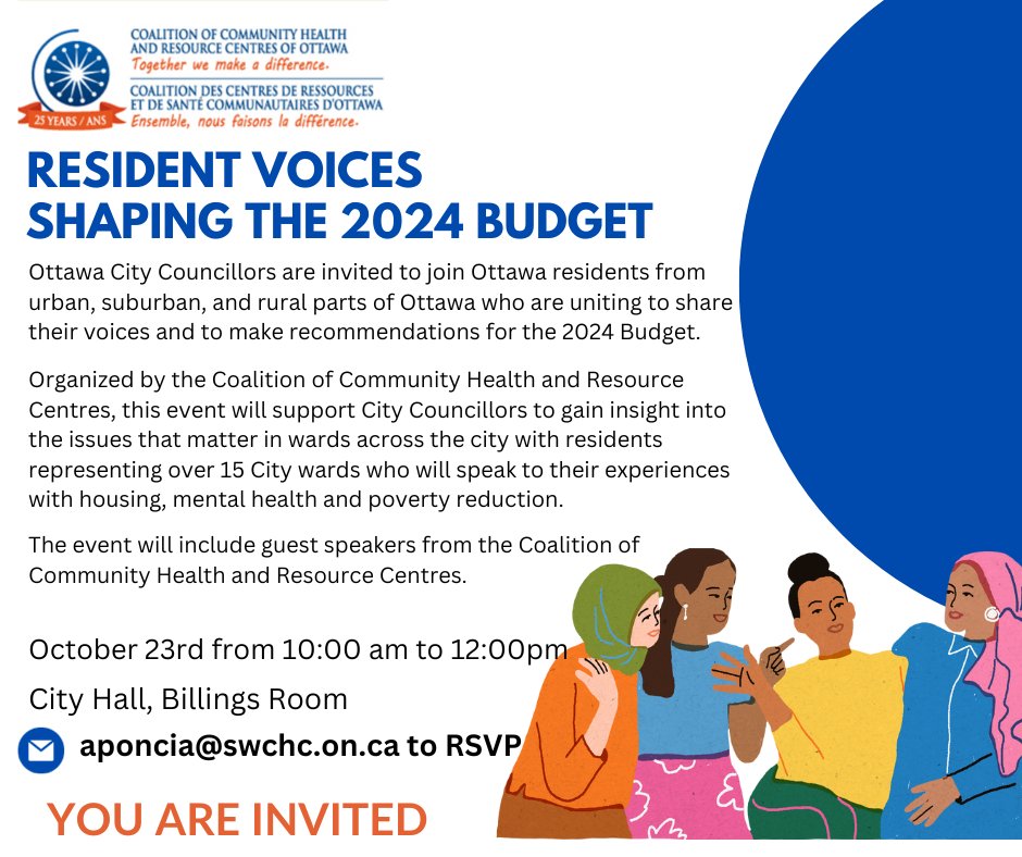 #OttCity Councillors📢don't miss out on Resident Voices: Shaping the 2024 Budget!

Where residents from 15+ wards will discuss local issues re: housing, mental health & poverty reduction.

🗓️ Save the date: October 23rd, 10:00-12:00 at City Hall. 

#JoinTheDialogue!