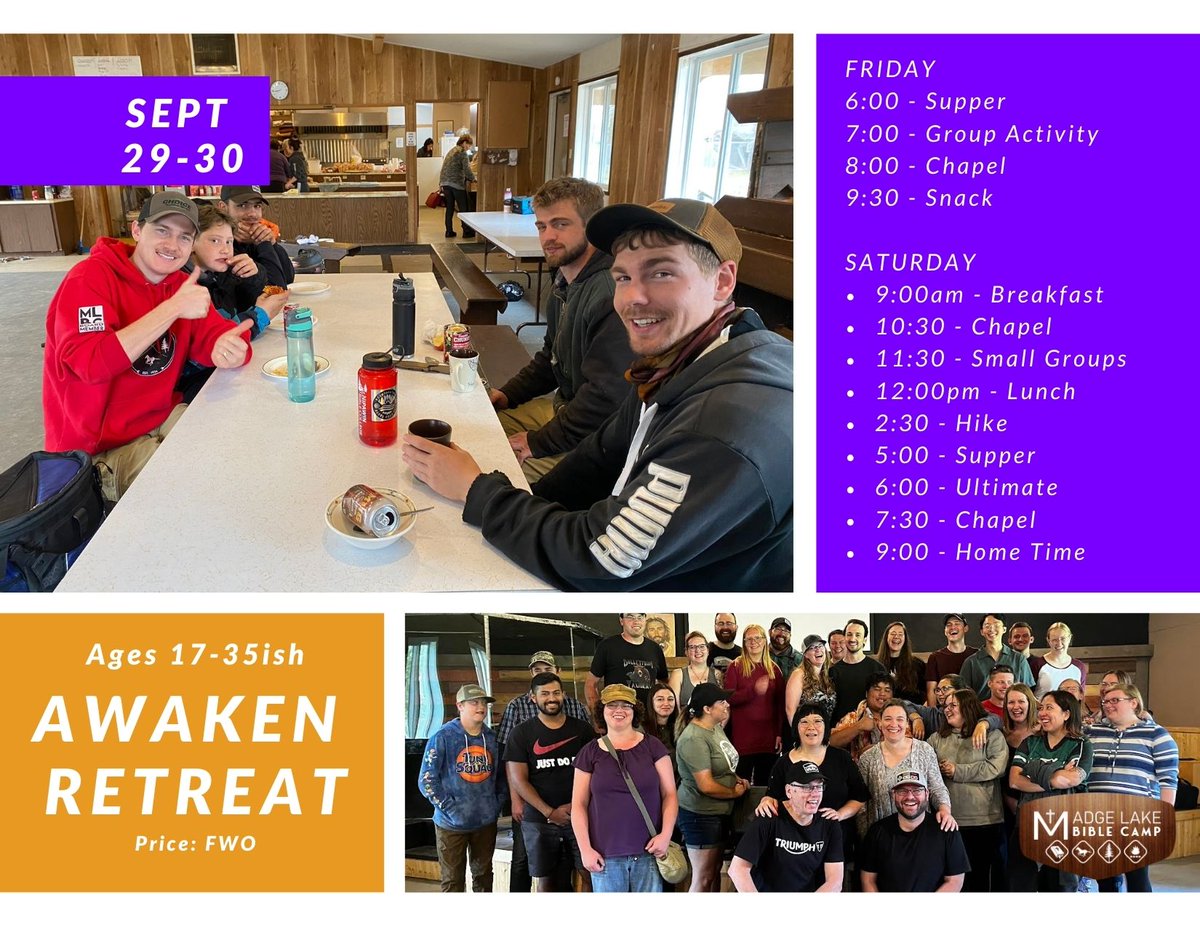 MLBCsk's tweet photo. The Awaken Retreat is this weekend! Join us for a refreshing time to connect with God and with others! 
#mlbc2023 #whereyouwanttobe #madgelake #parklandarea #swanriver #roblin #yorkton #russell #langenburg #kamsack #youngadults https://t.co/euod3masgO