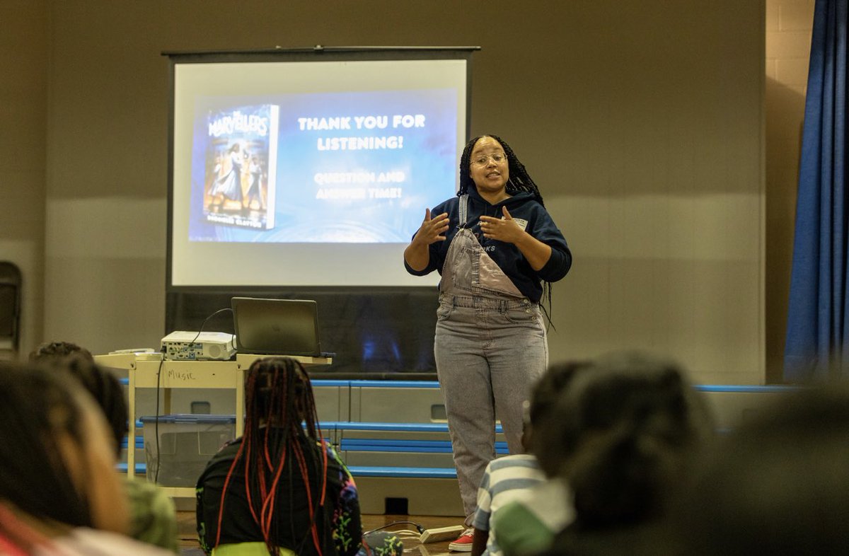 engross's tweet image. Our 4th and 5th grade @Chimborazo_ES students loved our special visit from best selling author Dhonielle Clayton,Tuesday. The best part of this Chimbo Jaguar’s pic that you can’t see is the stack of 7 other books he brought with him from the library that he wanted to read. 🥹