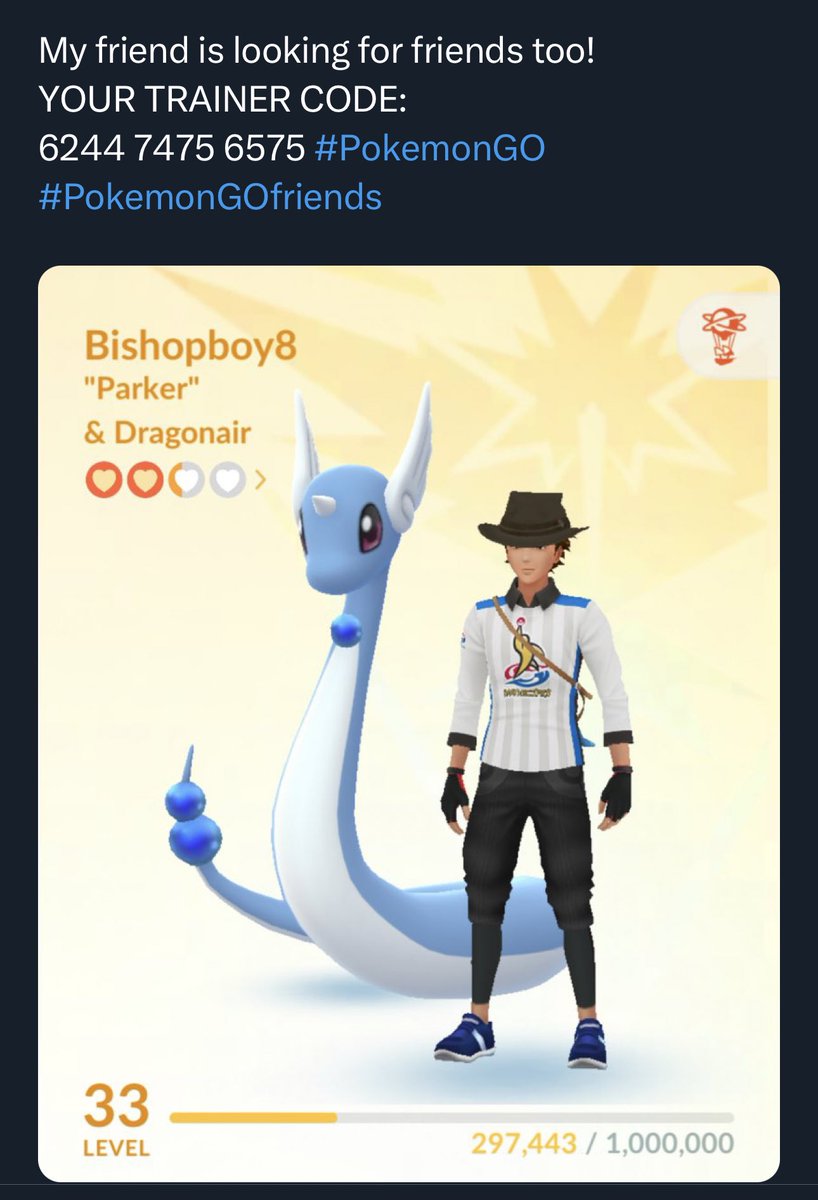 MichelleCarmich's tweet photo. My friend is looking for friends too!
YOUR TRAINER CODE:
6244 7475 6575 #PokemonGO
#PokemonGOfriends https://t.co/zAHWiRMCkc