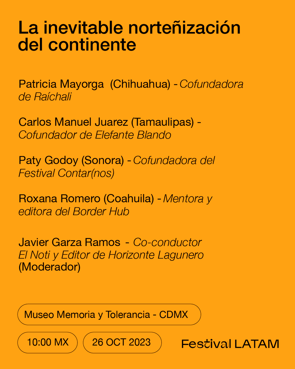 jordy_my's tweet photo. ¡Vamos liberando sorpresas del #FestivalLATAM!
Nuestra mesa inaugural nació de una idea de @PolloRosalesMX: juntar medios y proyectos norteños que están cambiando las formas de entender y contar esta región del país.
Arre.
https://t.co/8fF4DGDK5E https://t.co/DHB58YV1BB