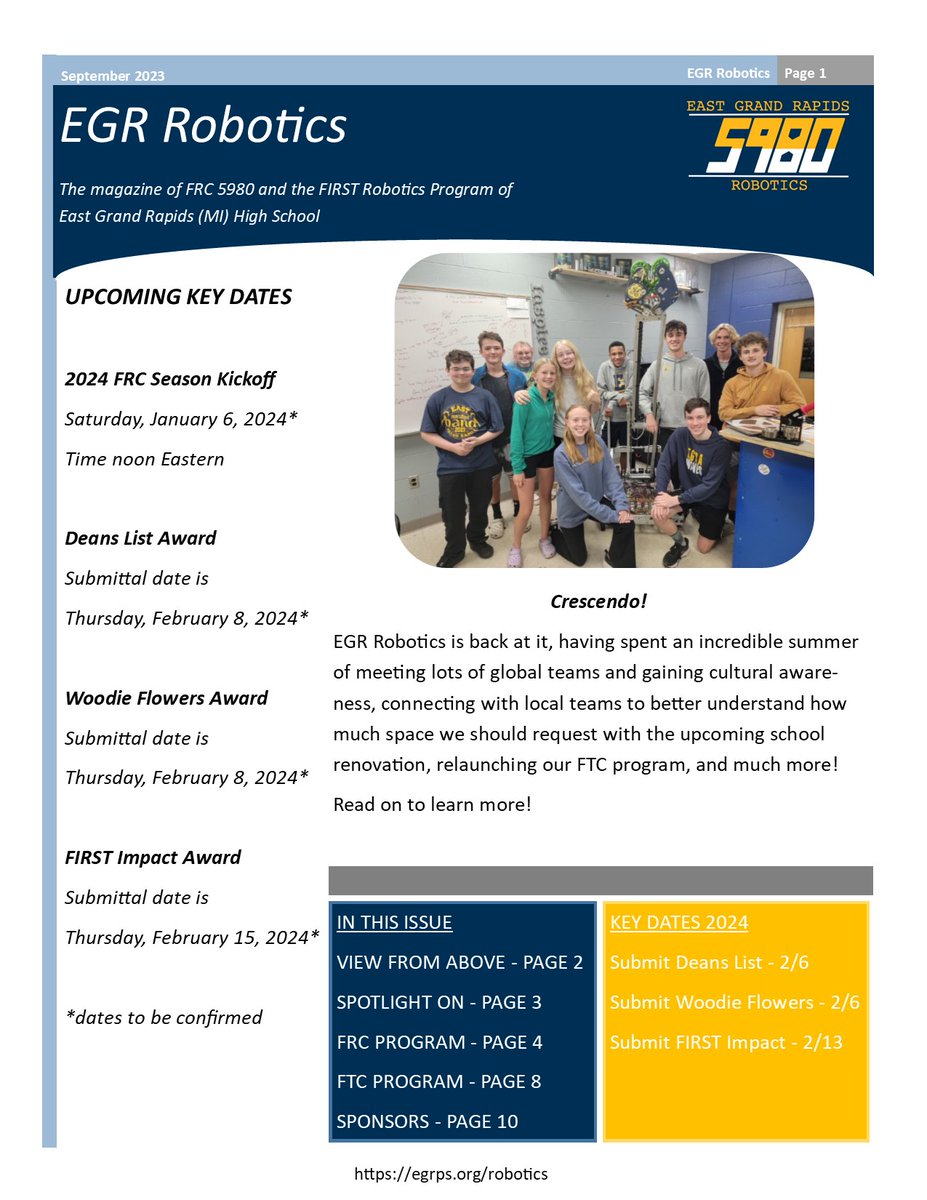 EGRRobotics5980's tweet photo. We didn't wait for the 2023 season to completely finish before we launched into our 2024 campaign.  Read our latest newsletter that highlights our summer activities, including connecting with global and local teams, and relaunching our FTC program! Link in bio.  #robotics https://t.co/iFfuazdLBn