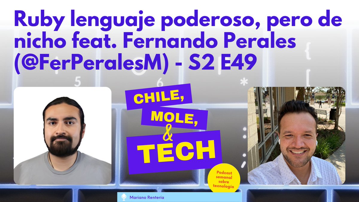 chilemoleytech's tweet photo. ⭐En este nuevo capítulo⭐
----
Ruby lenguaje poderoso, pero de nicho feat. Fernando Perales (@FerPeralesM)
--
🤑 Gratuito y de código abierto.
🧐 Dinámico, orientado a objetos y con una sintaxis elegante .
📚 Gran comunidad y múltiples librerías.
--
🎧 👉 https://t.co/xrMDHl1AvH https://t.co/rsA7j7BUbE