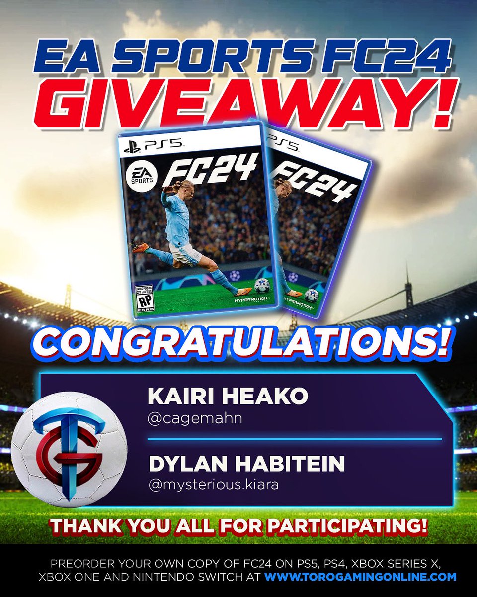 torogamingONL's tweet photo. Congratulations Kairi Heako (@cagemahn) and Dylan Habitein (@mysterious.kiara), Winners of our EA Sports FC 24 Giveaway!!

A HUGE THANK YOU to everyone that entered our giveaway!

For everything gaming, visit https://t.co/bGh4fRgdmP

#eafc24 #giveaway #ps5 #torogamingonline https://t.co/tYnJYpEZfq