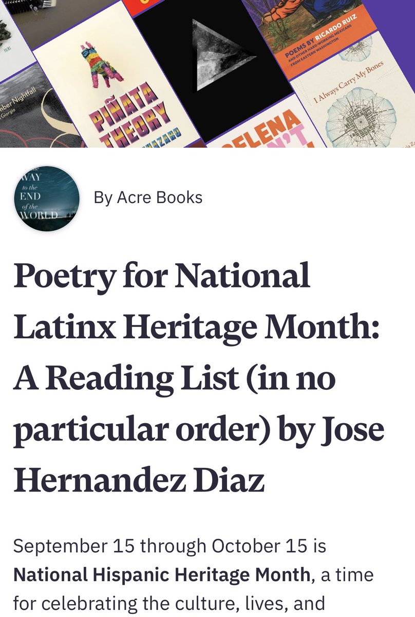 Had the unique opportunity to share my recommended reading list for #LatinxHeritageMonth! Thanks to Acre Books & Bookshop.org for the opportunity!

More here: bookshop.org/lists/poetry-f…