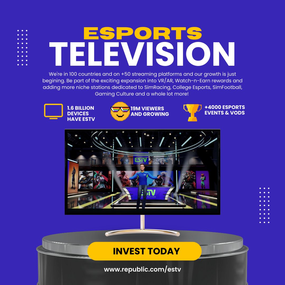 Own a piece of <a href="/estvesportstv/">ESTV - Esports TV</a> for as little as $150. See the Investment Listing on Republic! Visit republic.com/estv for details.

#esports #gaming #invest #investment #gamingnews #livebroadcast #liveevents #metaverse #web3 #Entrepreneurship #Fundraising #VentureCapital
