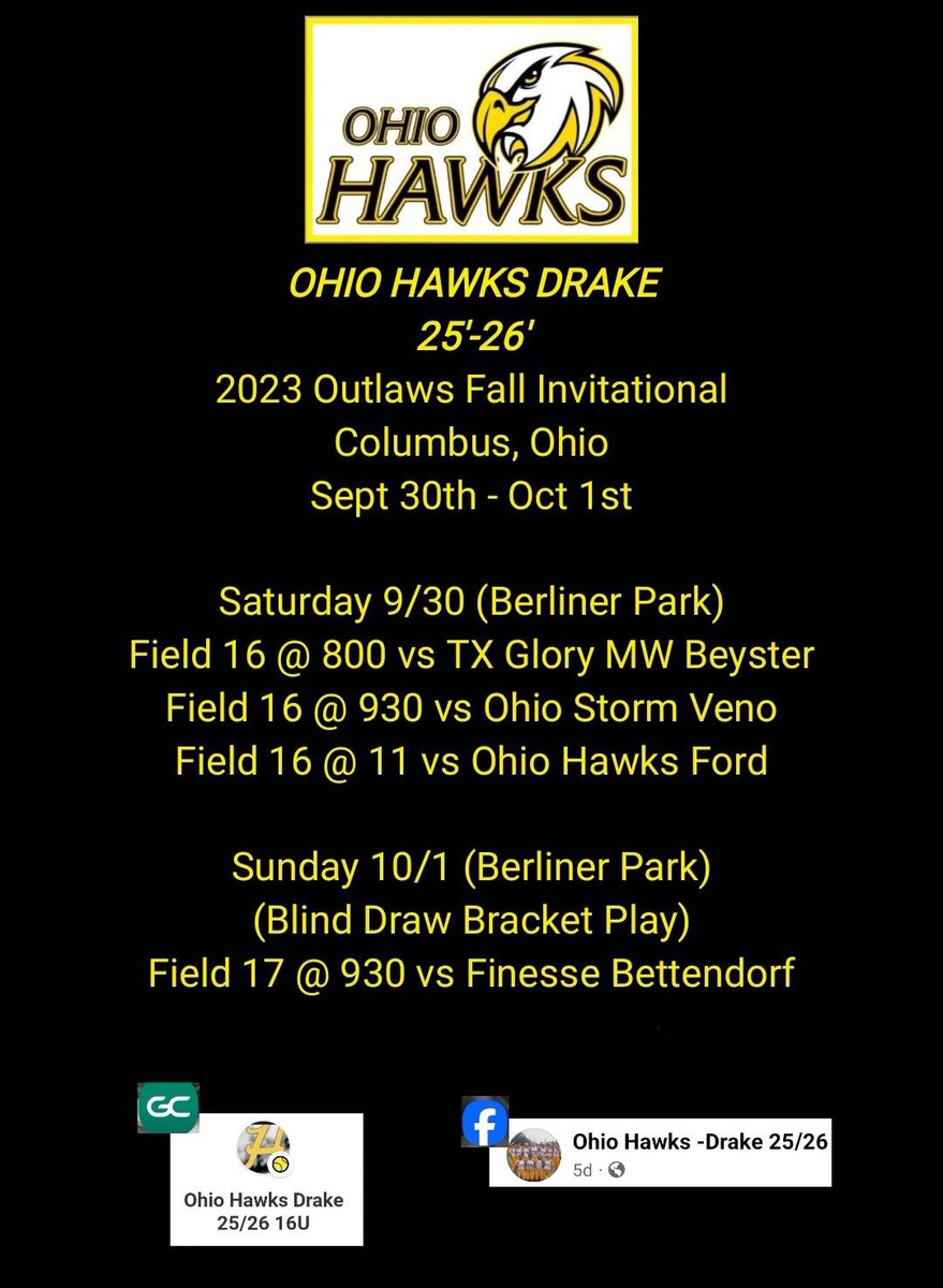 Can’t wait for our second tournament of the fall season! <a href="/hawksdrake/">Ohio Hawks Drake 2025/26</a> <a href="/MiamiOH_SB/">Miami Softball</a> <a href="/BGSUSoftball/">BGSU Softball</a> <a href="/UFOilerSoftball/">Findlay Softball</a> <a href="/WittSoftball/">Wittenberg Softball</a> <a href="/ODU_Softball/">Ohio Dominican Softball</a> <a href="/CoastalSoftball/">Coastal Carolina SB</a> <a href="/LeeUSoftball/">Lee Univ Softball</a> <a href="/ElonSoftball/">Elon Softball</a> <a href="/FSC_Softball/">FSC Softball</a>