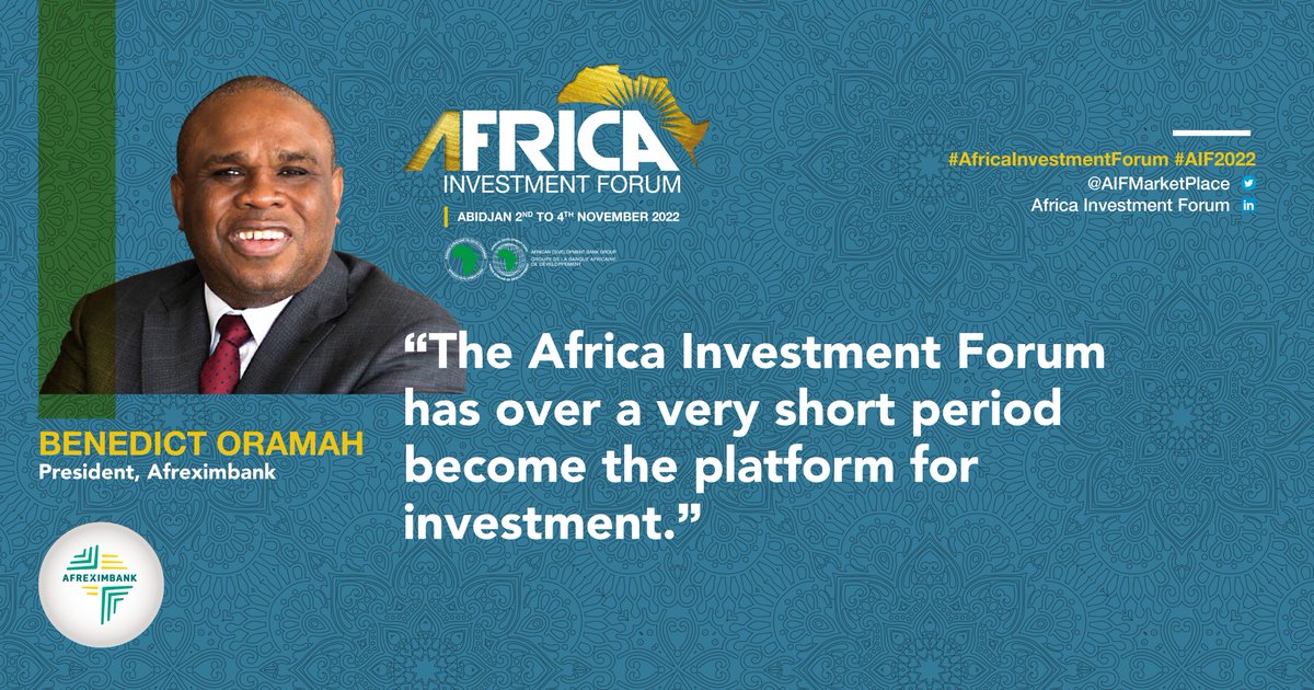 AfDB_Group's tweet photo. The #AfricaInvestmentForum, the premier hub for African investment, returns 8-10 November.

Championed by leading development finance institutions, #AIF2023 will accelerate high-impact, bankable projects across sectors and unlock Africa's value chains.🔗 https://t.co/H0JxMWccNr https://t.co/dLIkmBetQA