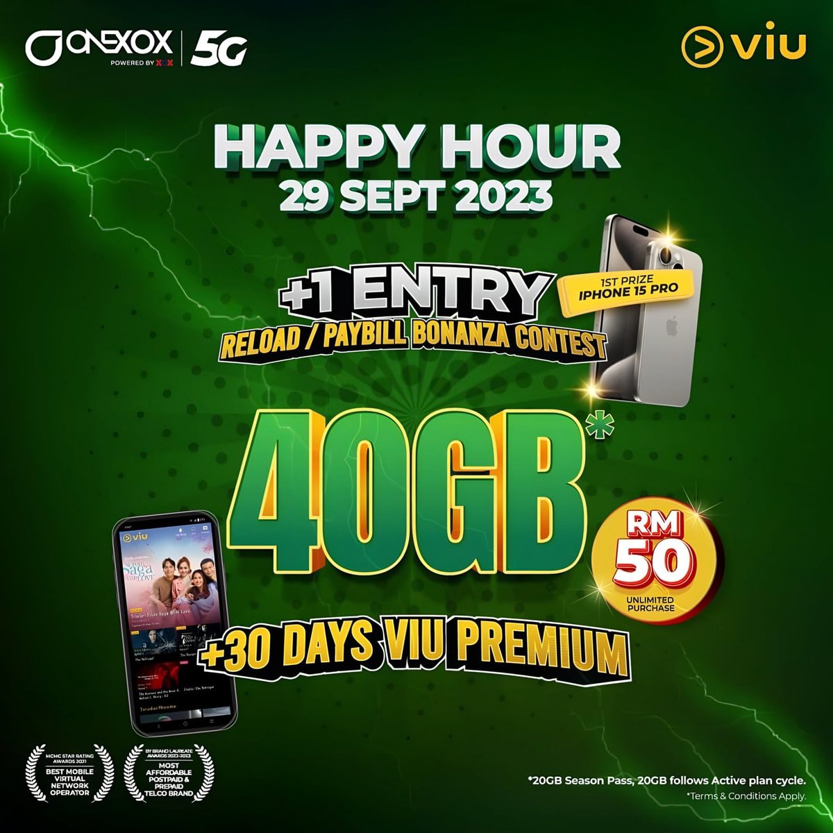 onexoxplan's tweet photo. HAPPY HOUR 29/9/2023

Data 40GB*
+ 30 hari VIU Premium
+ 1 penyertaan Reload &amp; Pay Bill Bonanza

RM50 shj!

Beli melalui
1. SMS " YES " ke 23388
2. *150# > SeasonPass > HappyHour⁣
3. Black App

Tiada had pembelian.

 📌
*20GB Season Pass
*20GB tebus di Black app dlm masa 45 hari https://t.co/2134kNDjGj