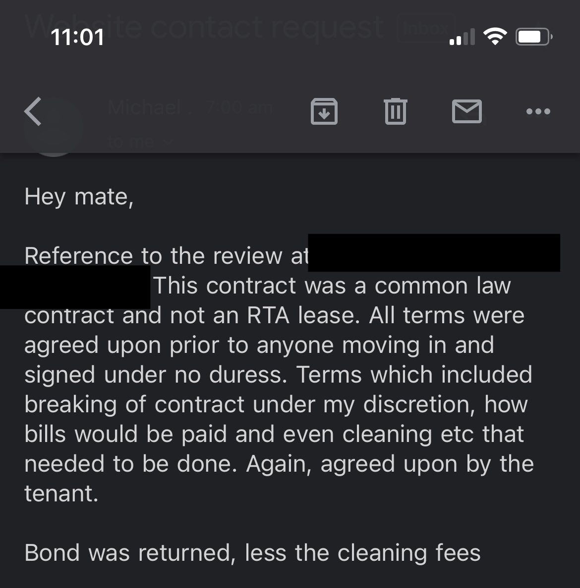 Landlord says a review is unfair because he put illegal terms in a rental agreement and everything he did was okay under his “common law contract”. Ffs. #shitrentals