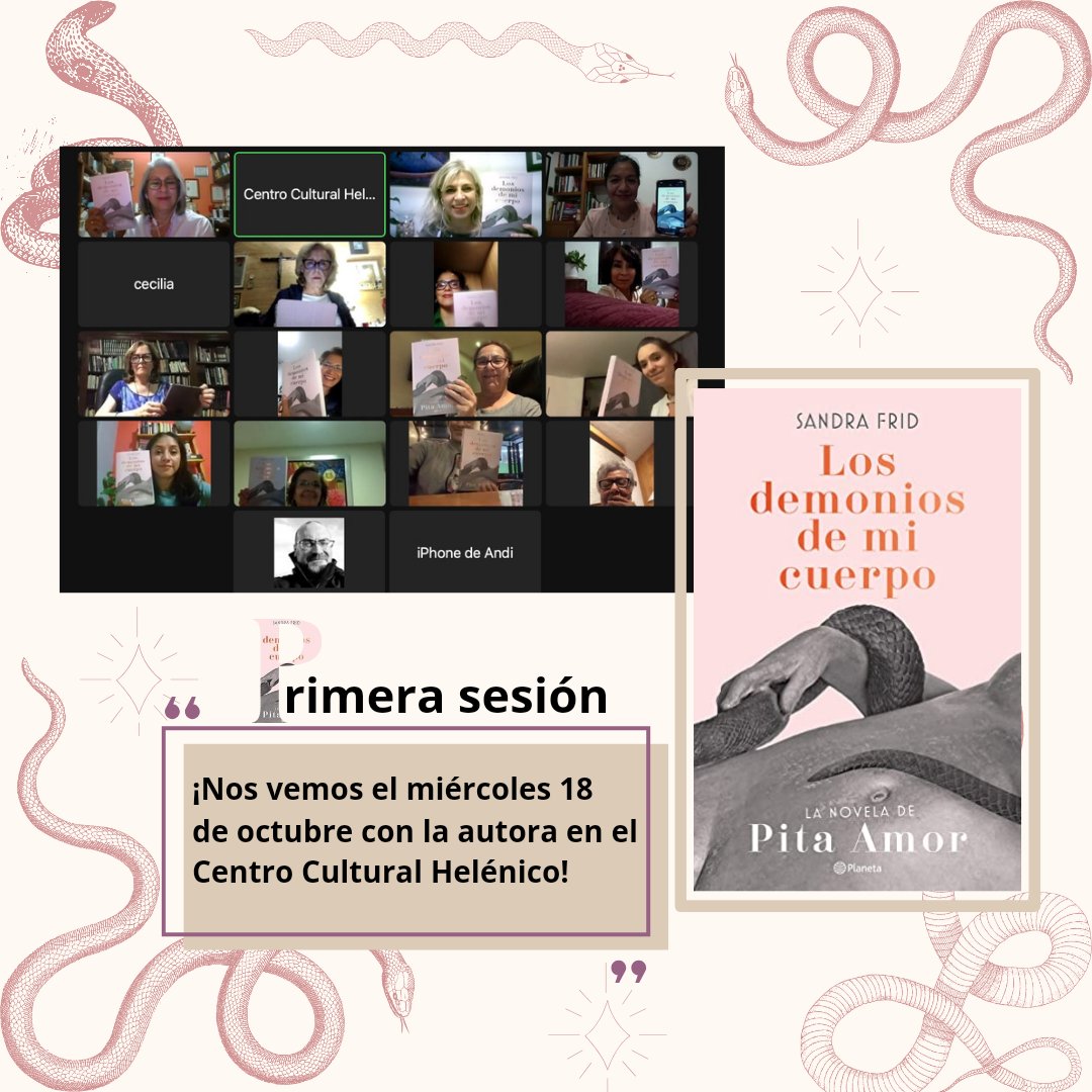 Así la primera sesión ayer. Un disfrute la plática de la novela y diversas anécdotas de los lectores sobre la vida de Pita Amor.
Nos vemos el 18 de octubre con <a href="/sandrafrid1/">sandra frid</a> <a href="/PlanetaLibrosMx/">Planeta de Libros México</a> <a href="/Helenico/">Centro Cultural Helénico</a>
