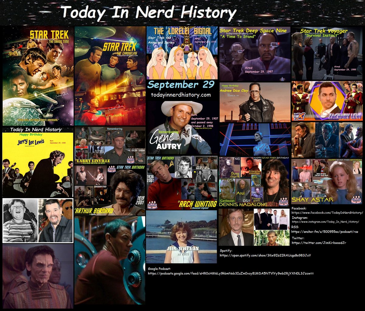 Today In Nerd History September 29
#TodayInNerdHistory #StarTrek #JerryLeeLewis #LarryLinville #GeneAutry #AndrewDiceClay #ZacharyLevi #CindyMorgan #IanMcShane #KenWeatherwax #ArthurBernard #ArchWhiting #DennisMadalone #MacKenzieCrook #JillWhelan
More Info
sites.google.com/view/today-in-…