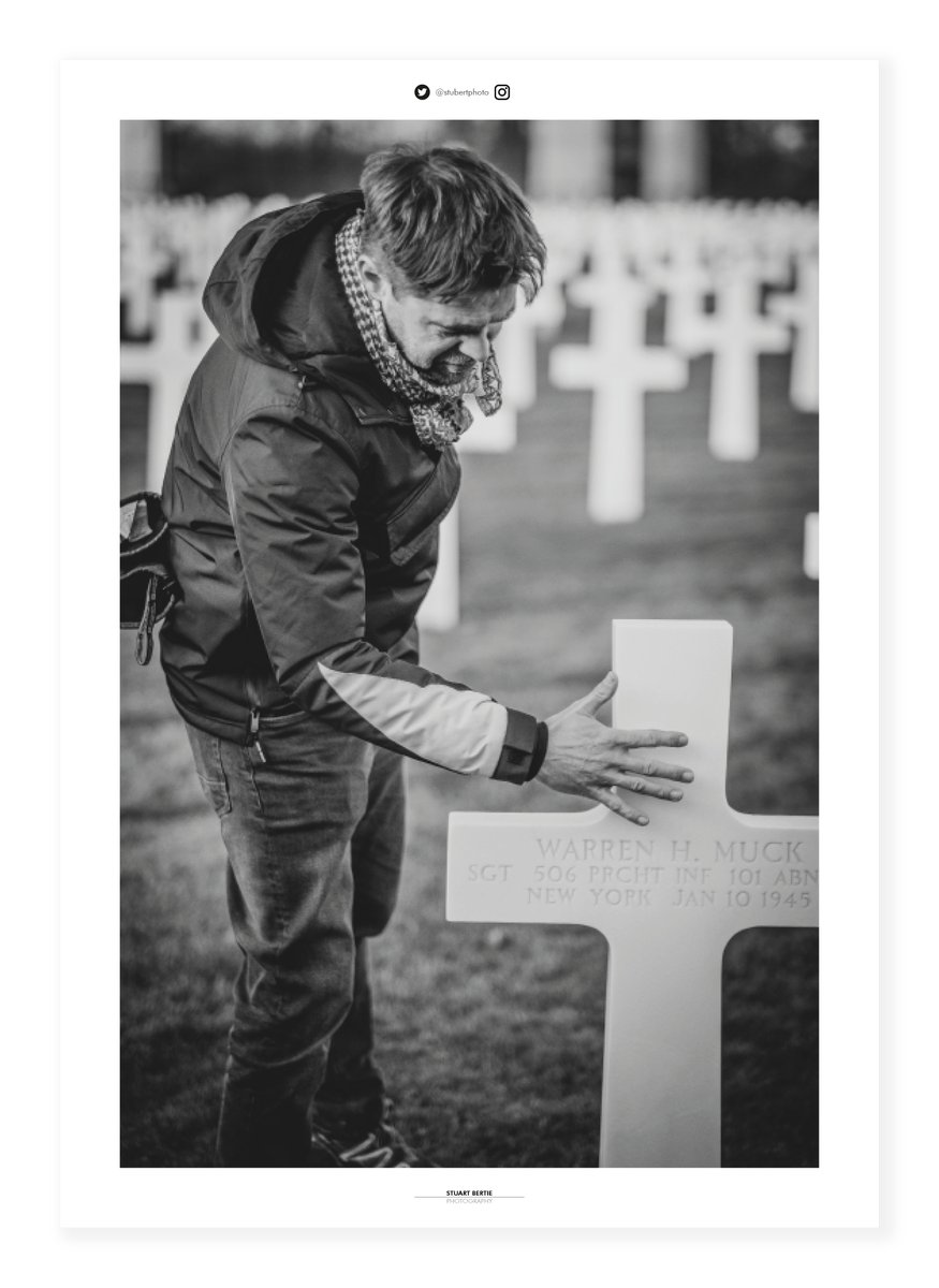 A little memory from January this year with the @WeHappyFew506 crew. This is @MatthewLeitch at Warren H 'Skip' Muck's resting place at Luxembourg American Cemetery. @EasyCompany506t @BandBehind @timmatmusic