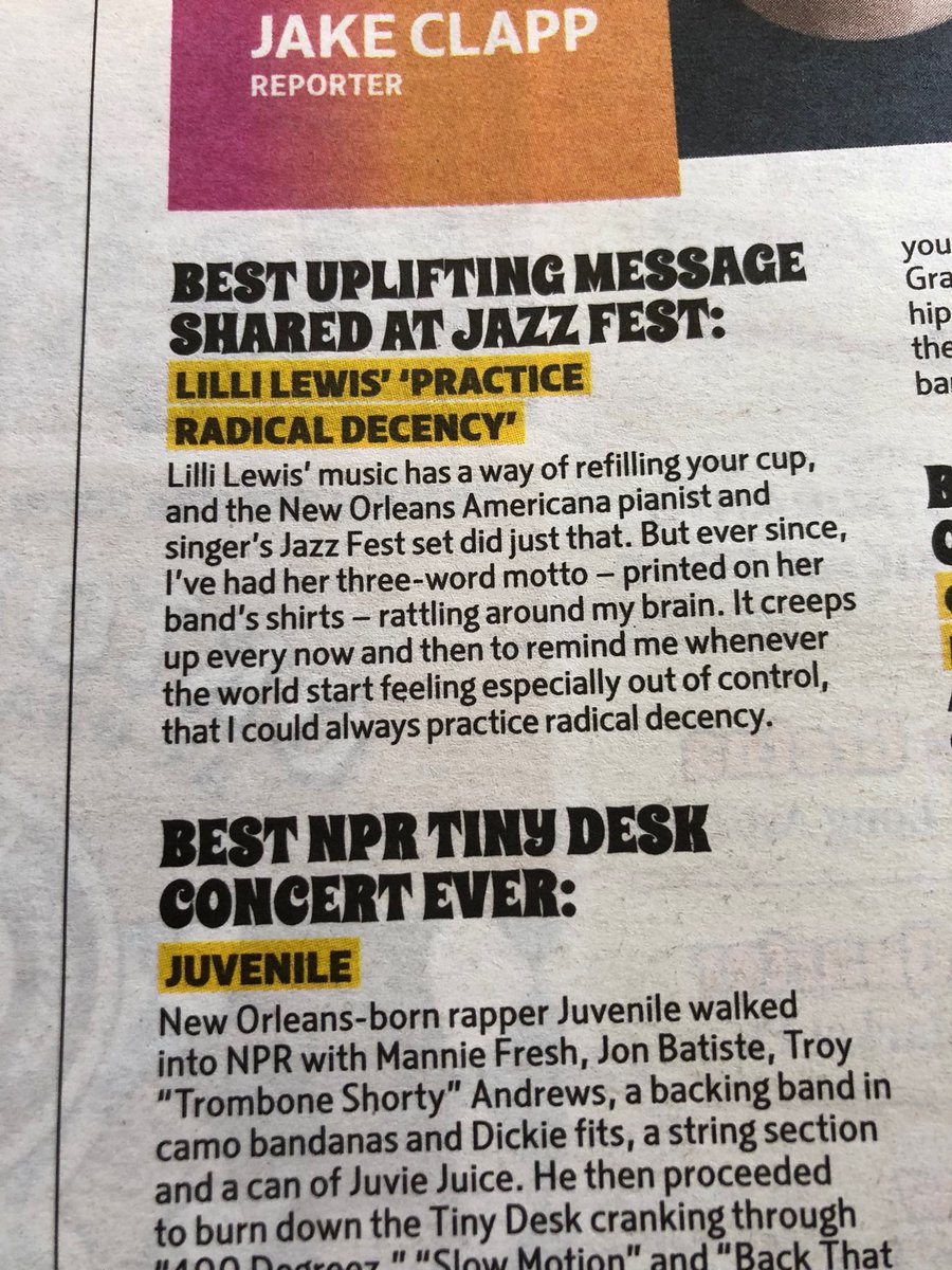 AndyRubinski's tweet image. Many thanks to @The_Gambit in #NewOrleans for including @folkrockdiva Lilli Lewis’ powerful t-shirt message @jazzfest in their Best Of New Orleans issue 🔥 

You can get your #PracticeRadicalDecency shirt at the link below ⬇️ 🎹👚💫