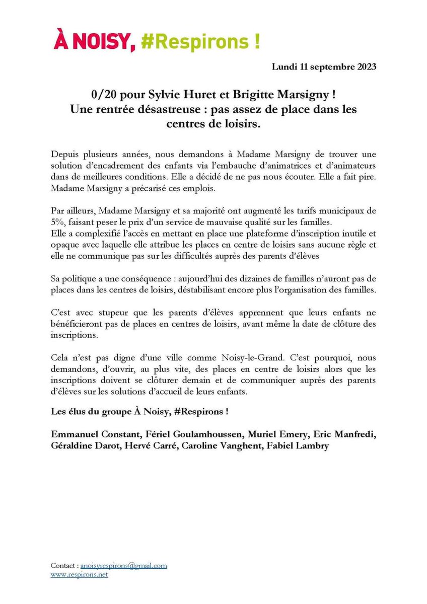 ANoisyRespirons's tweet photo. Il y a plus de 15 jours, nous demandions à @B_Marsigny et  @SylvieHuret d'agir afin que toutes les familles qui le demandaient puissent disposer d'un accueil en centre de loisirs.

Force est de constater que la municipalité n'a rien fait. 

@leparisien_93 @actufr93 @libe https://t.co/EdWAwS6xiG