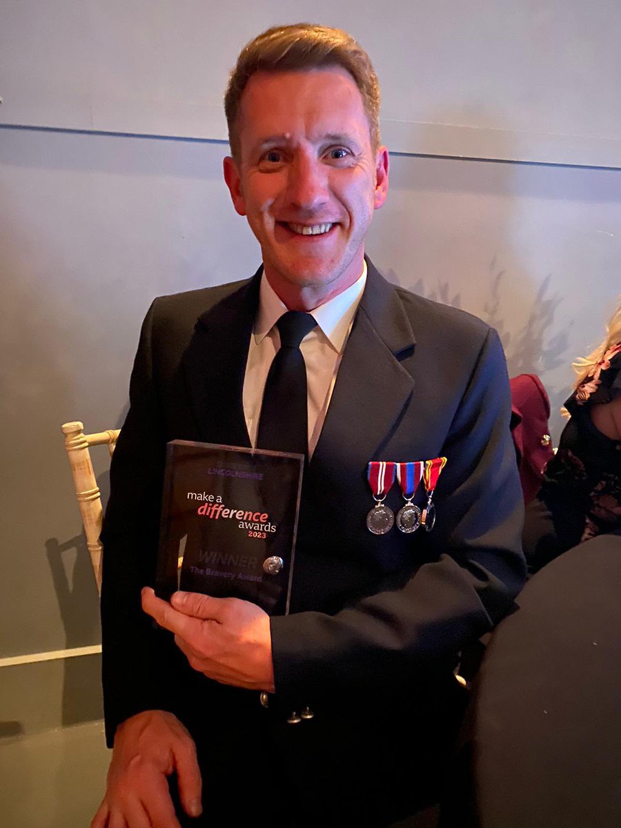 Very proud to say that our team of 4 firefighters (and rescue dog 🐕) who were part of the UK’s rescue efforts following the earthquake in Turkey in February, have tonight won the @BBCRadioLincs #BBCMakeADifference award 2023 for bravery. Here is Colin with the award!