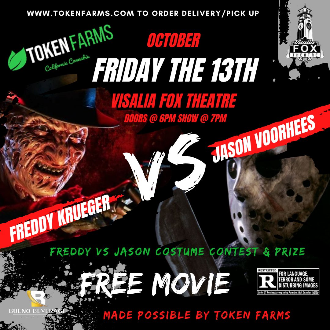 VisaliaFox's tweet photo. Freddy vs. Jason is sponsored by Token Farms. Showing Friday, Oct. 13th!  Show: 7PM/Doors: 6PM! DRESS-UP CONTEST!  THE WINNER WILL RECEIVE 2 FREE TICKETS TO SEE "TOMMY CHONG" ON 11/11/23. THIS IS A FREE MOVIE!! No tickets are required! GA Seating!  Questions call 559-625-1369. https://t.co/M90QqKyCVm