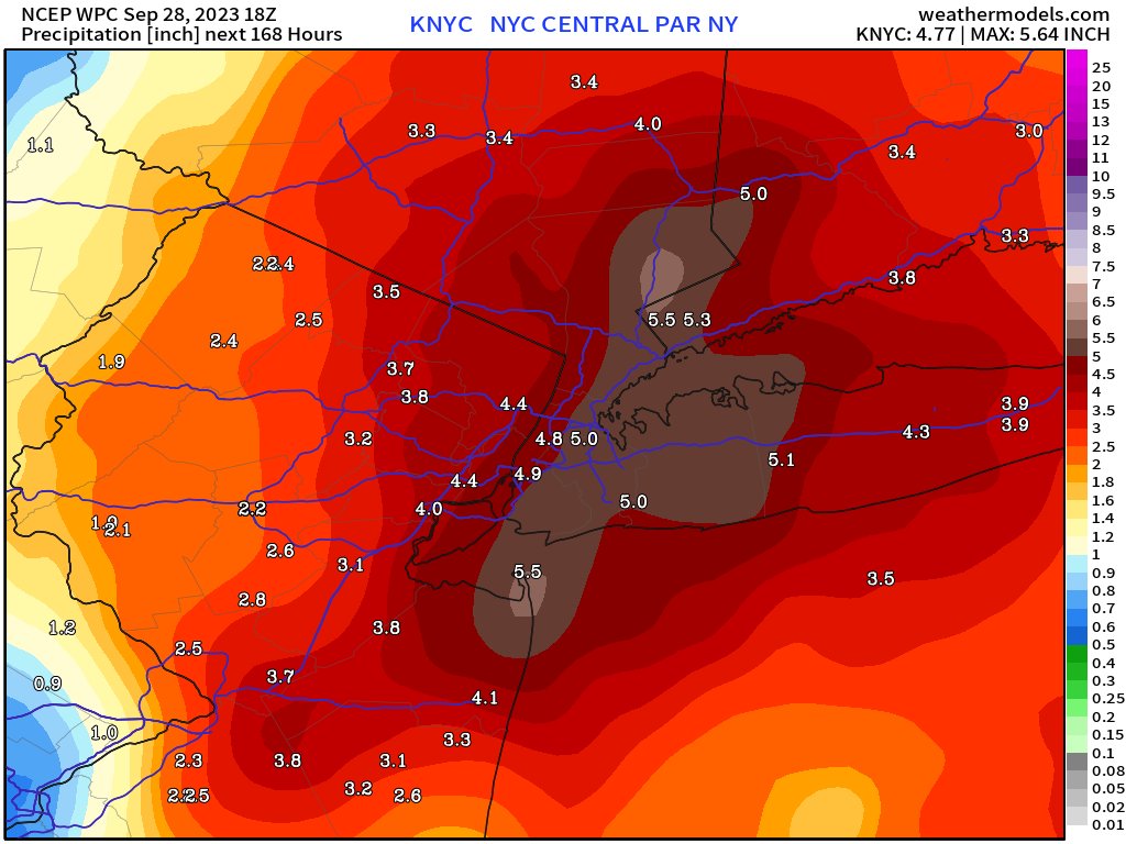 RyanWeather's tweet image. Everyone know in NYC that 5-inches+ of rain is forecast to fall over the next 36-48 hours? 

Huge area of heavy rainfall centered on the Big Apple from a non-tropical storm system.