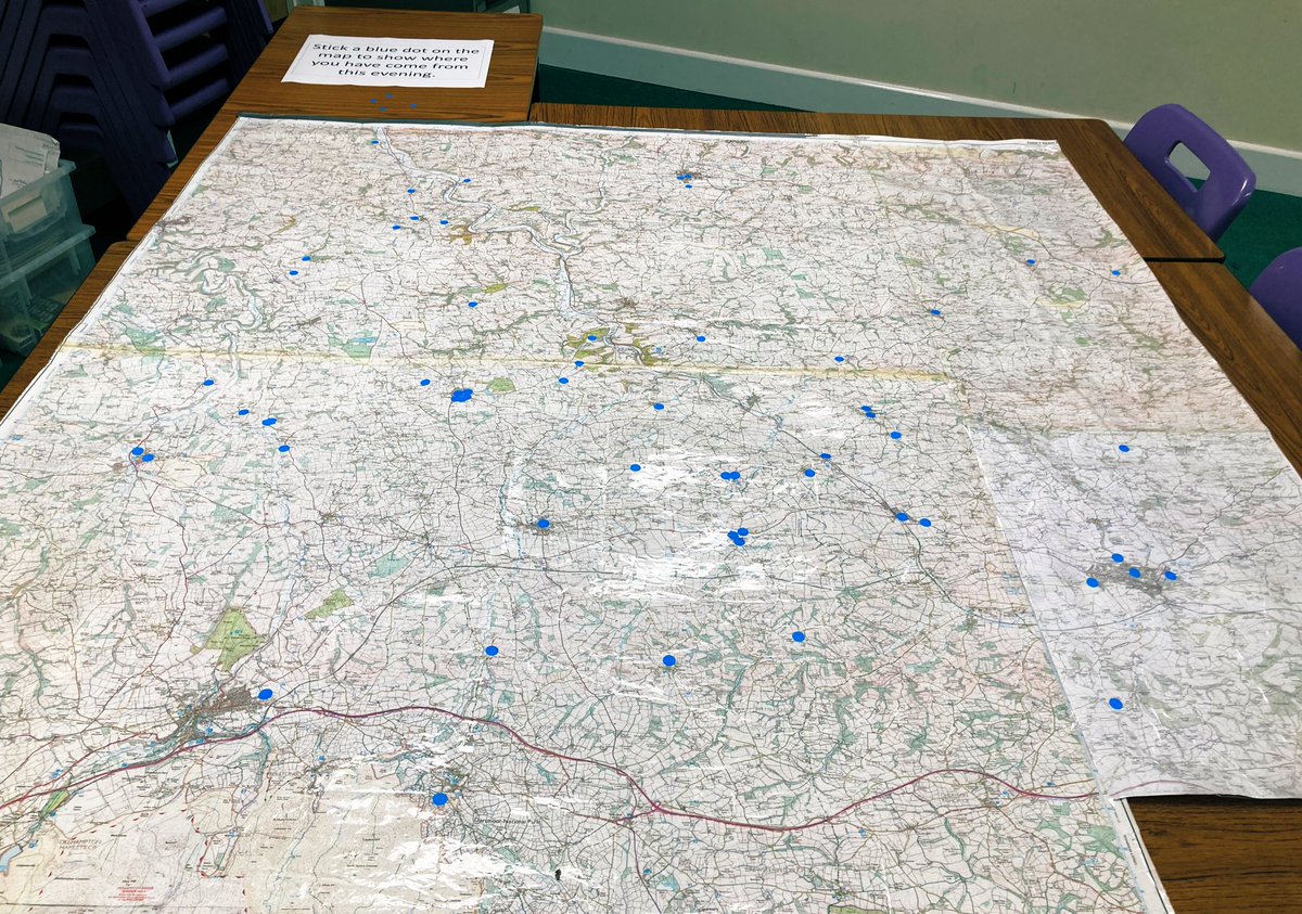 _jopayne's tweet photo. Busy night! Our open evening OS map demonstrated how far families had come from. It highlights the rural landscape of Devon too. Over 30 miles from the blue dot furthest south to north. https://t.co/fi0rRy1293
