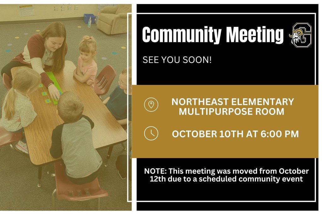 Questions about the Nov. 7th bond vote for the GCSD? Attend our next community meeting at Northeast Elementary on October 10th at 6:00 PM! District and design team members will attend to discuss how the funds will be utilized and answer questions. We hope to see you there!