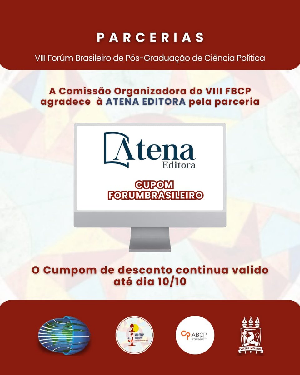 fbcp_oficial's tweet photo. A Comissão Organizadora do VIII FBCP agradece publicamente nossa parceria com a @AtenaEditora.

🚨O Cupom FORUMBRASILEIRO continua válido até o dia 10/10🚨 https://t.co/zZb5Tu5B0e
