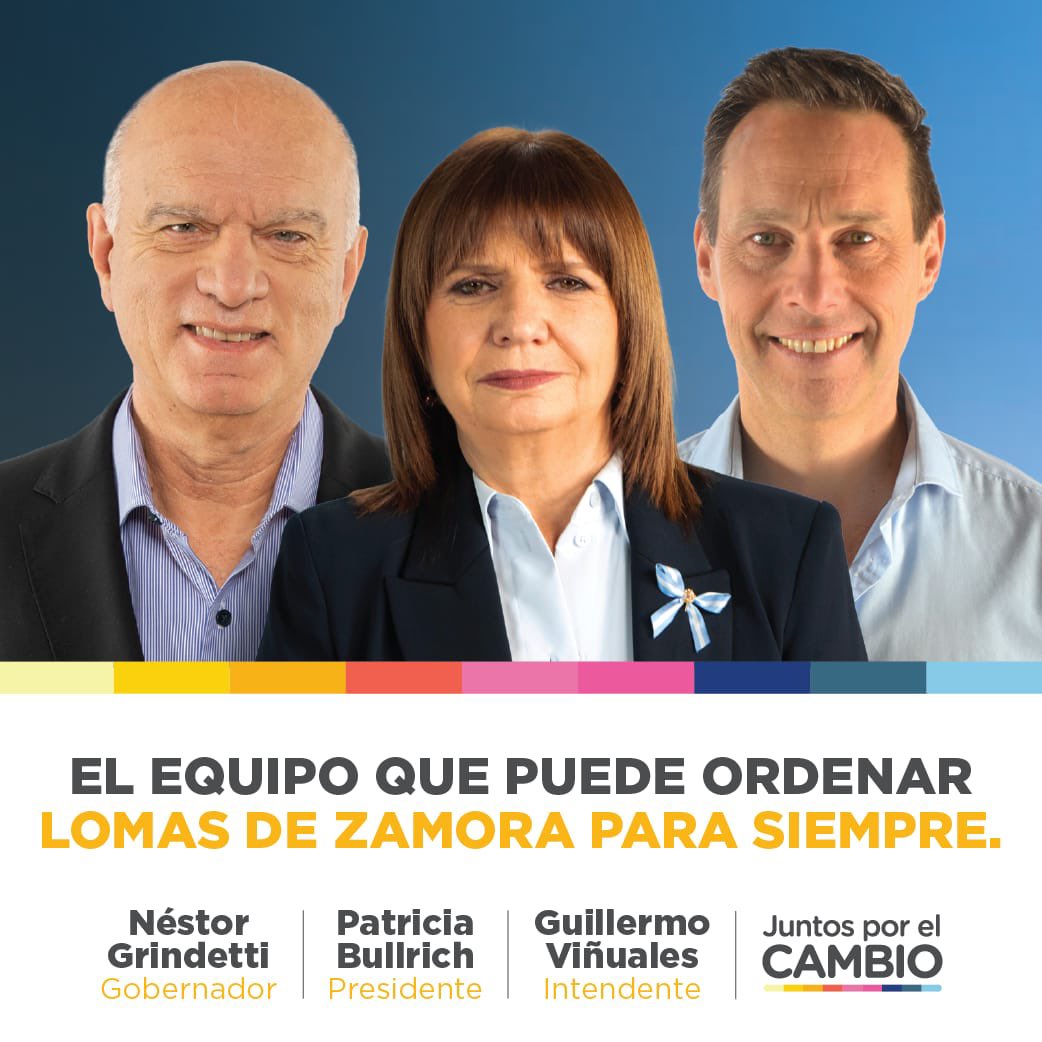 Junto a <a href="/PatoBullrich/">Patricia Bullrich</a> como presidente y <a href="/Nestorgrindetti/">Néstor Grindetti</a> como gobernador somos los únicos que podemos ordenar Lomas de Zamora y la provincia. La oportunidad de hacerlo es en octubre porque en la provincia de Buenos Aires no hay segunda vuelta. #EsAhora y es para siempre 💪🇦🇷
