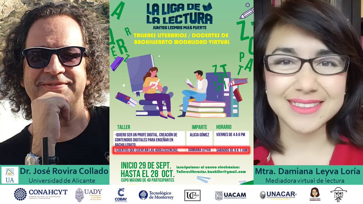 estudiodamiana's tweet photo. 📚 ¡@joserovira y su servidora estamos felices de iniciar el #Taller “Cuentos que cuentan las adolescencias”! 🚀Dirigido al profesorado y personal bibliotecario del #COBAY, #UNACAR y #UACAM
🌟📚👉https://t.co/ZC8GHrKQ3R https://t.co/D5nNtQsE65