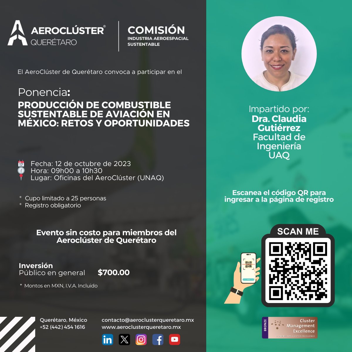 La Comisión Industria Aeroespacial Sustentable del Aeroclúster de Querétaro, te invita a que asistas a la ponencia "PRODUCCIÓN DE COMBUSTIBLE SUSTENTABLE DE AVIACIÓN EN MÉXICO: RETOS Y OPORTUNIDADES",

✔️Registro: app.glueup.com/event/89557/

#SAF #aerocluster #Querétaro #aviación
