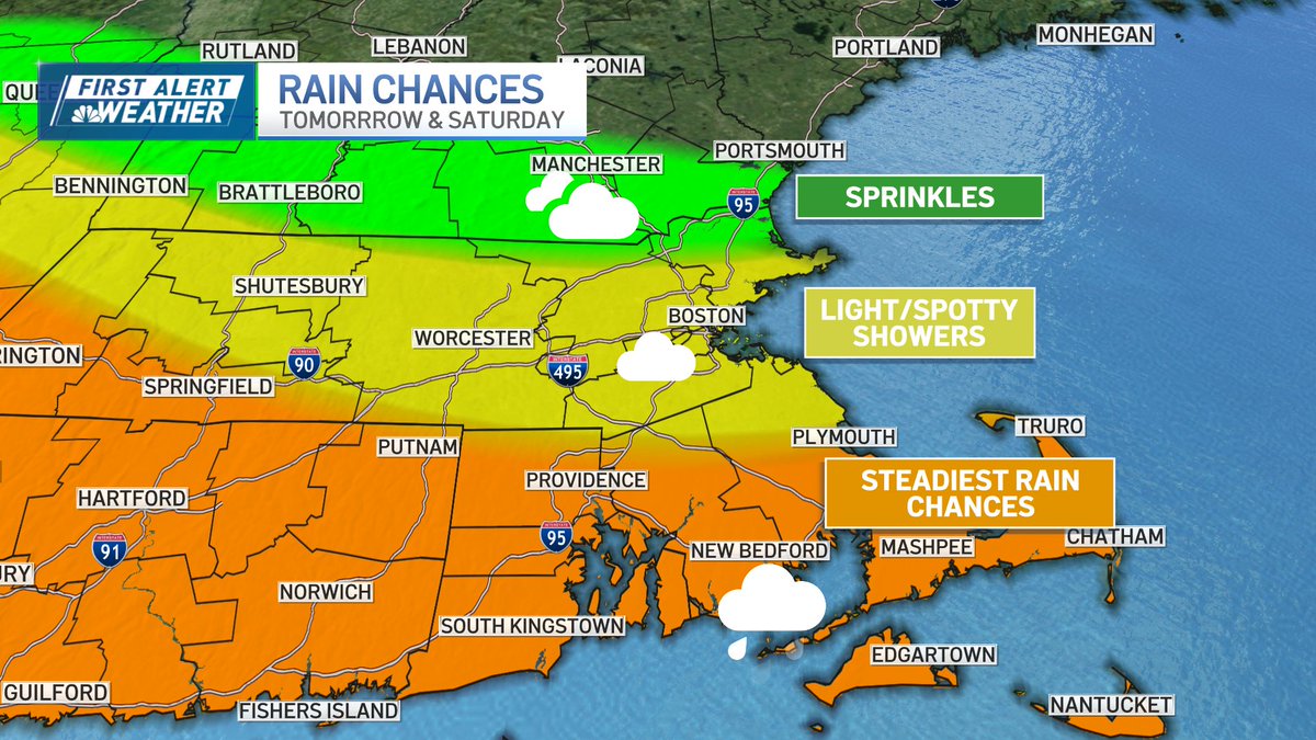PeteNBCBoston's tweet photo. Tomorrow/Saturday coming into better view now. Appears the axes of heavy rain will be across W. NE and the Cape/Islands. In between, nuisance rain...tapering early Saturday. Sunday is the pick! https://t.co/rodkCJG4rk