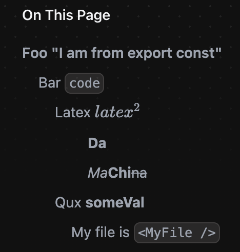 dimaMachina_'s tweet photo. #nextra 3 will have a lot of toc improvements
- show interpolated variables
- inline code blocks
- embedded react components
- JSX elements
- and even rendered Latex ๐ฑ
cc @shuding @TheGuildDev https://t.co/uM0wVyTYSh