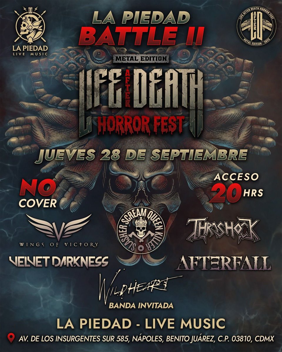 Hoy en #LaPiedadLiveMusic se presenta #LaPiedadBattleII para el #LifeAfterDeathHorrorFest, con la participación de <a href="/vd_band/">Velvet Darkness</a> <a href="/wingsofvictorym/">Wings Of Victory</a> <a href="/AfterfallMx/">Afterfall</a> #Thrashock y #Wildheart como banda invitada.