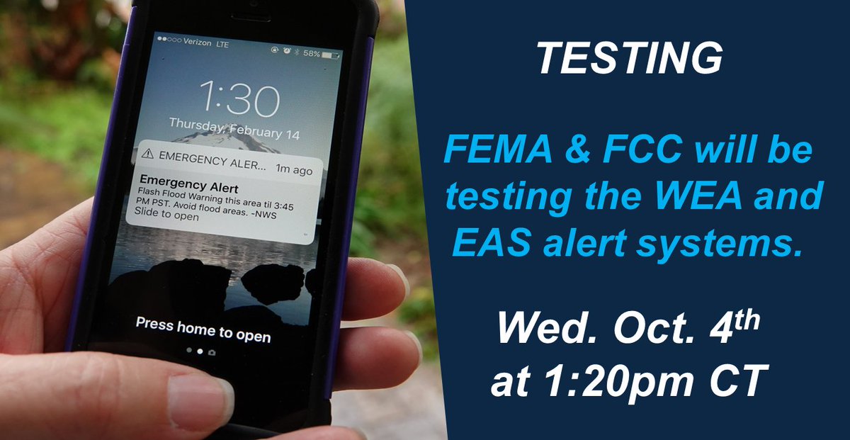 RebAlert's tweet image. PSA: Today (10/4) at 1:20pm (CDT), FEMA &amp;amp; the FCC will conduct a nationwide test of the EAS &amp;amp; WEA alert systems.  

These test messages will be sent to all: 
📺TVs
📻Radios
📲Cell Phones
#Testing123 #RebAware