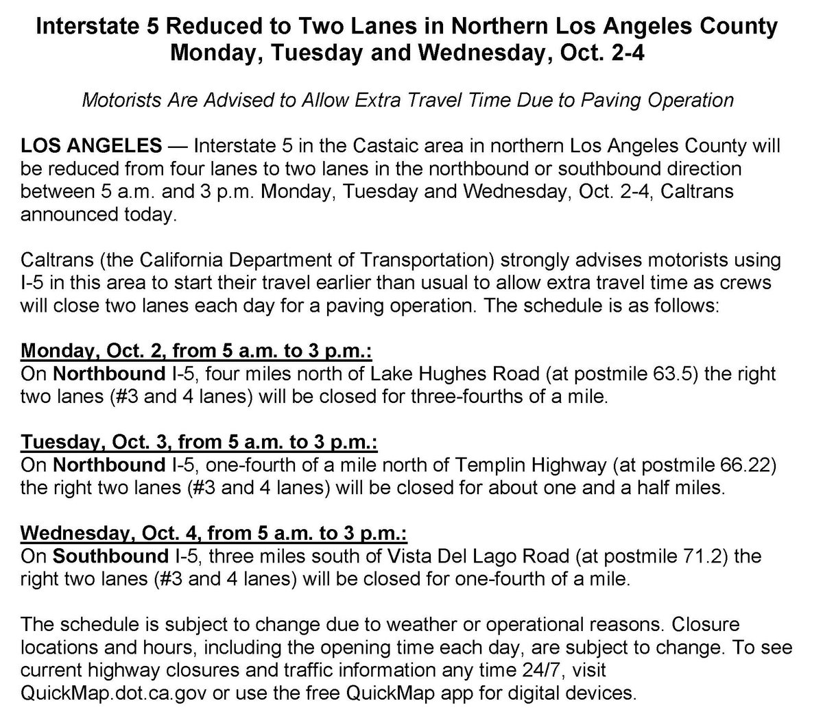 🚧🚨 I-5 will be reduced to 2 lanes in either direction from 5AM-3PM Monday, Tue. & Wed., Oct. 2-4 in #Castaic in northern LA County. See details here ⬇ Allow extra travel time! Expect delays! #5fwy #LAtraffic #Lebec #Gorman #SantaClarita #Grapevine #ConstructionAlert