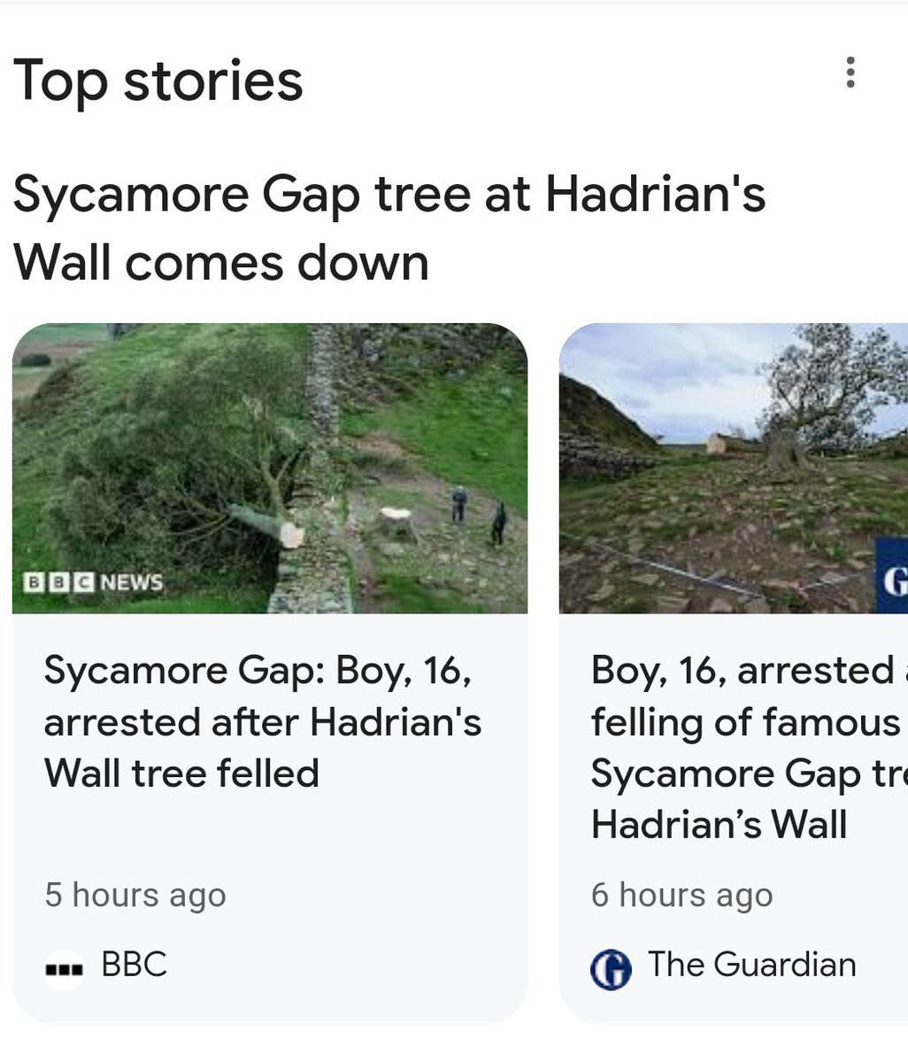 Our tree.
So much more than a tree: a symbol, a beacon, an icon.
Felled &amp; irreplaceable.
This shock, rage, bewilderment, sorrow - this is grief. Felt across our county, the nation, around the world.
BBC News - Sycamore Gap
https://www
.bbc.co.uk/news/uk-england-tyne-66949986