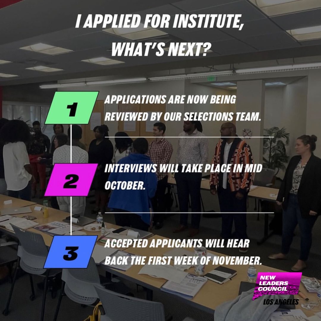 NLC_LA's tweet photo. I applied to NLC 2024 Institute, what’s next?

1 - Applications are now being reviewed by each local chapter.
2 - Interviews will take place Oct 21st.
3 - Accepted applicants will hear back the first week of Nov.

Questions about next steps?  Email EDeSobe@newleaderscouncil.org. https://t.co/YOCZ3L30pz