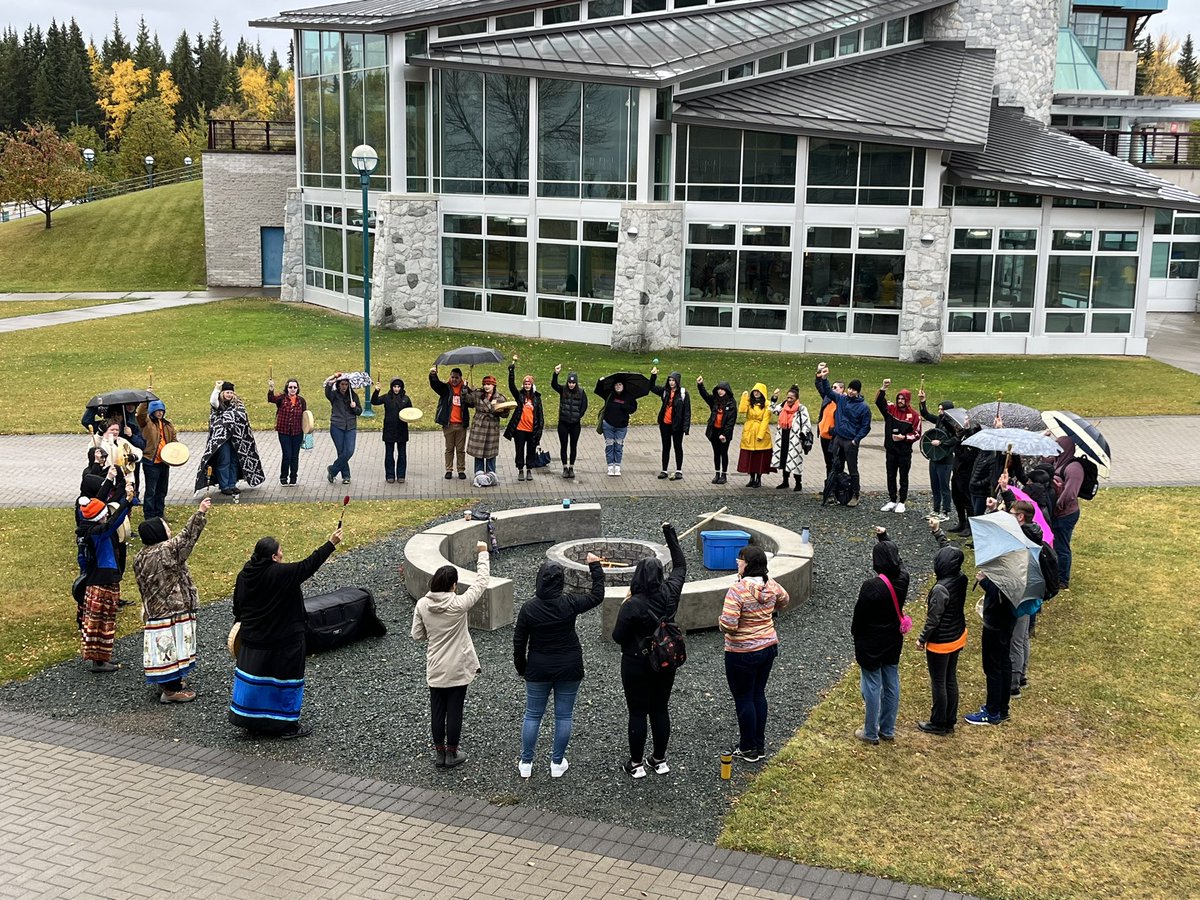 EducationUnbc's tweet photo. UNBC Ceremonial Fire Circle with Artist Clayton Gauthier and the UHNBC Drummers. Acknowledging the National Day of Truth and Reconciliation and Orange Shirt Day. #EDUC394 #EDUC405 #EDUC346 #EDUC446 #UNBCED All My Relations. 🧡 https://t.co/qxzaIAwPFH