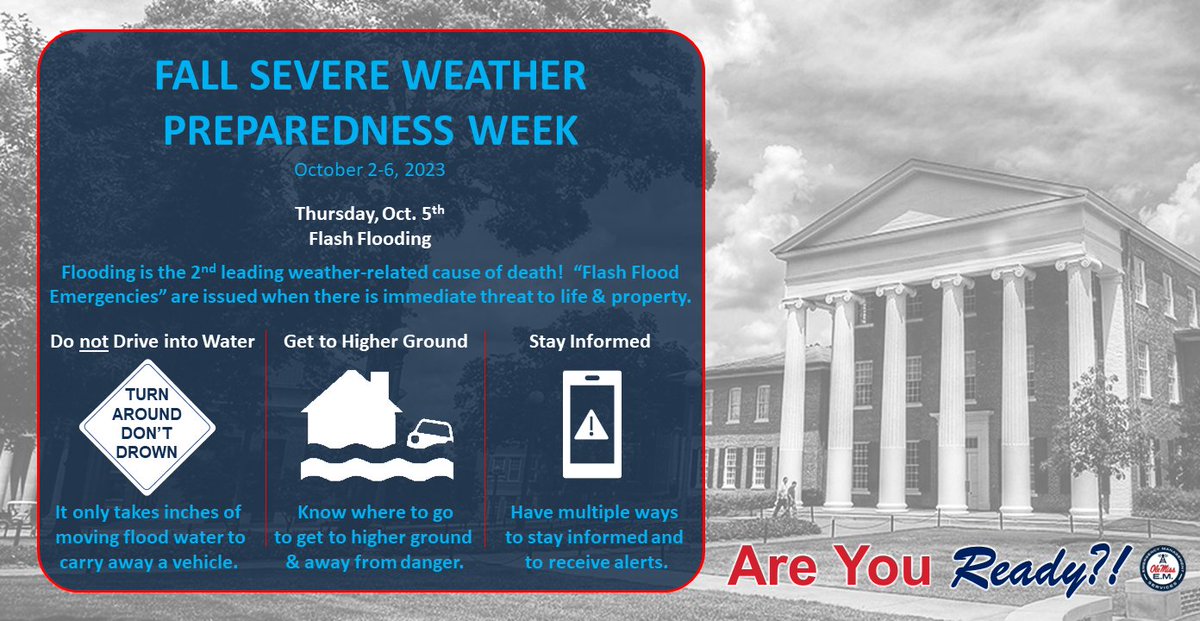 RebAlert's tweet image. Day 4 of Fall Severe Weather Preparedness Week!  

Today's topic is on Flooding🌧️🌊

Tips for Flood Safety:
🔴Get to higher ground
⚪️Do NOT drive into flood water
🔵Stay informed
#RebAware #FSWPW