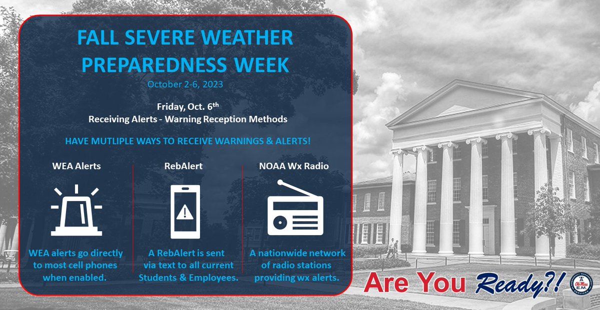 RebAlert's tweet image. It's day 5 of Fall Severe Weather Preparedness Week and our final topic is about Receiving Alerts!🚨

Have multiple ways to receive alerts:
🔴WEA alerts: ready.gov/alerts
⚪️RebAlerts: bit.ly/3vRLjTK
🔵NOAA Wx Radio: bit.ly/3f3IOYA
#RebAware #FSWPW