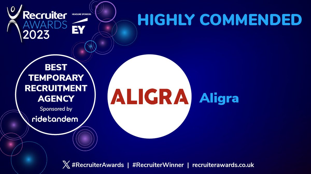 Next up to announce, the Best Temporary Recruitment Agency category sponsored by <a href="/ride_tandem/">RideTandem</a>. The judges have awarded a highly commended accolade to Aligra, Well done! <a href="/AligraPersonnel/">Aligra</a> #RecruiterAwards (1/2)