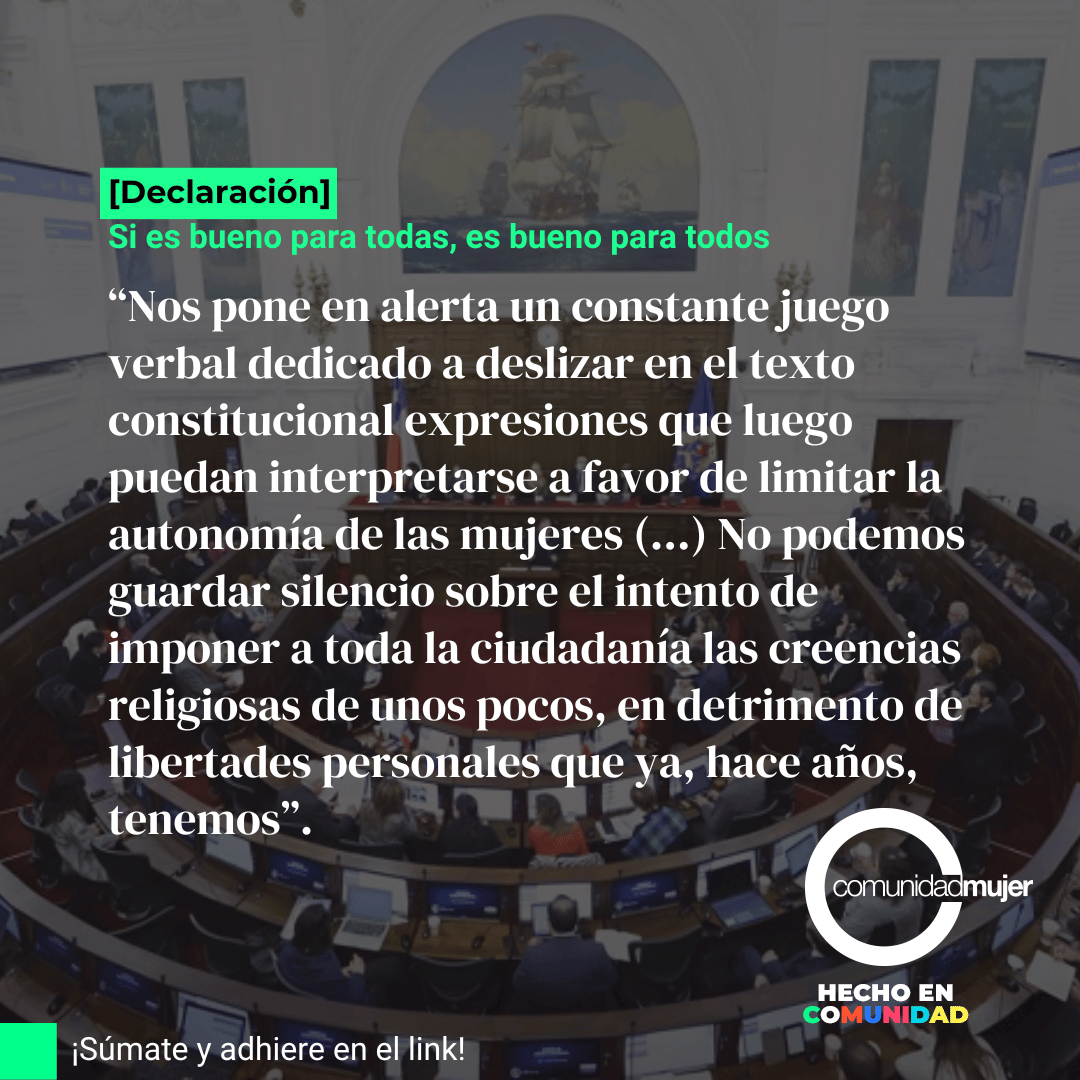 [DECLARACIÓN] Nos unimos para hacer un llamado al #ConsejoConstitucional a actuar con urgencia; todavía quedan instancias para revertir los visibles retrocesos contra los derechos de las mujeres en la actual etapa del Proceso Constituyente. 
ADHIERE AQUÍ👉 forms.gle/398n7CvL84Du7q…