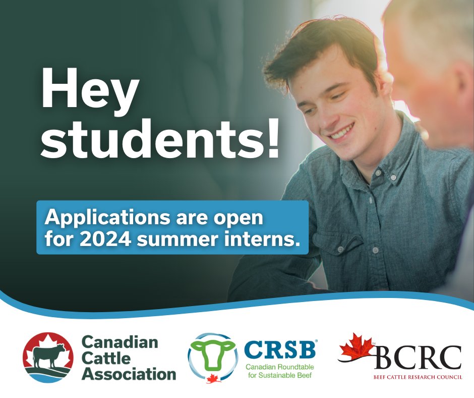 Canadian Cattle Association (@cancattle) on Twitter photo Calling all students! We are looking for 3 summer interns to join our team next summer. Internship experiences include working with <a href="/CanCattle/">Canadian Cattle Association</a> <a href="/CRSB_beef/">Canadian Roundtable for Sustainable Beef (CRSB)</a>, and <a href="/BeefResearch/">Beef Cattle Research</a>.
Get your application in to one or all three positions. Apply today: bit.ly/3PVYPBS Calling all students! We are looking for 3 summer interns to join our team next summer. Internship experiences include working with <a href="/CanCattle/">Canadian Cattle Association</a> <a href="/CRSB_beef/">Canadian Roundtable for Sustainable Beef (CRSB)</a>, and <a href="/BeefResearch/">Beef Cattle Research</a>.
Get your application in to one or all three positions. Apply today: bit.ly/3PVYPBS